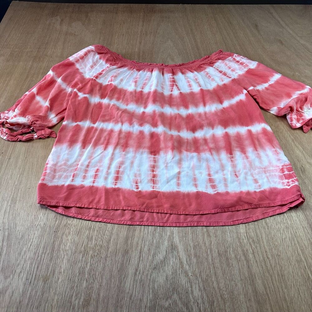 Cato Tie Dye Peasant Blouse Womens XL Coral White Off Shoulder Boho
